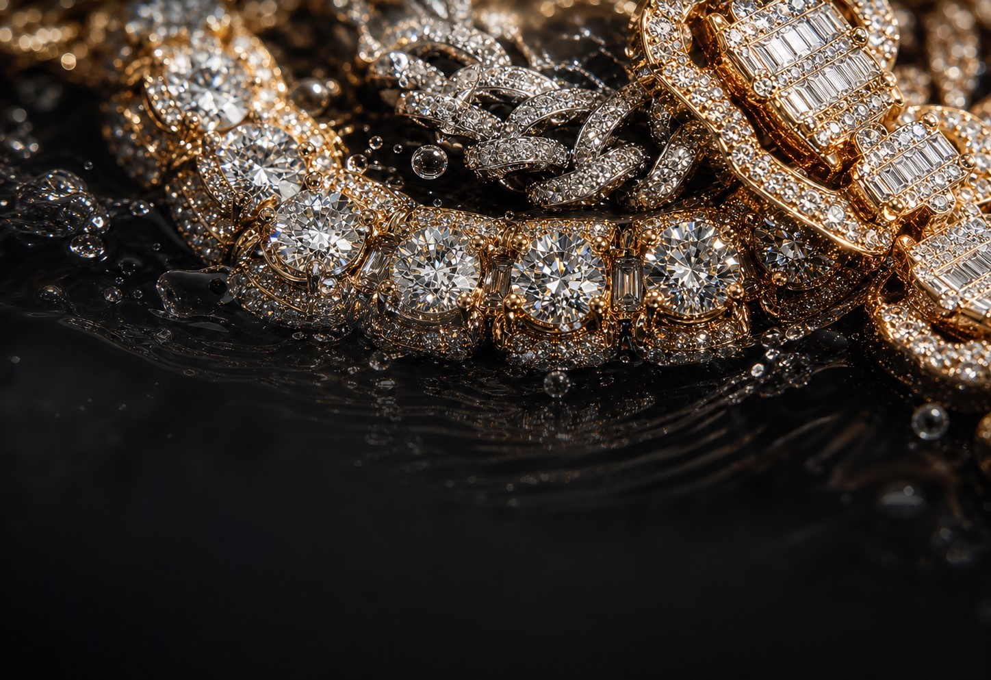 Water-ready iced jewelry with droplets showing durable everyday shine