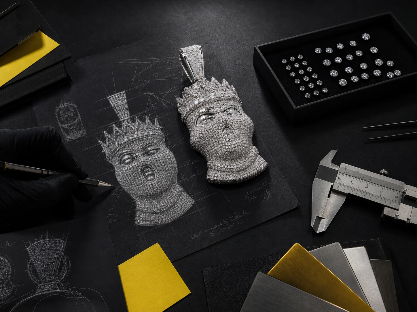Conceptual ICEOMG campaign visual showing a custom pendant design desk