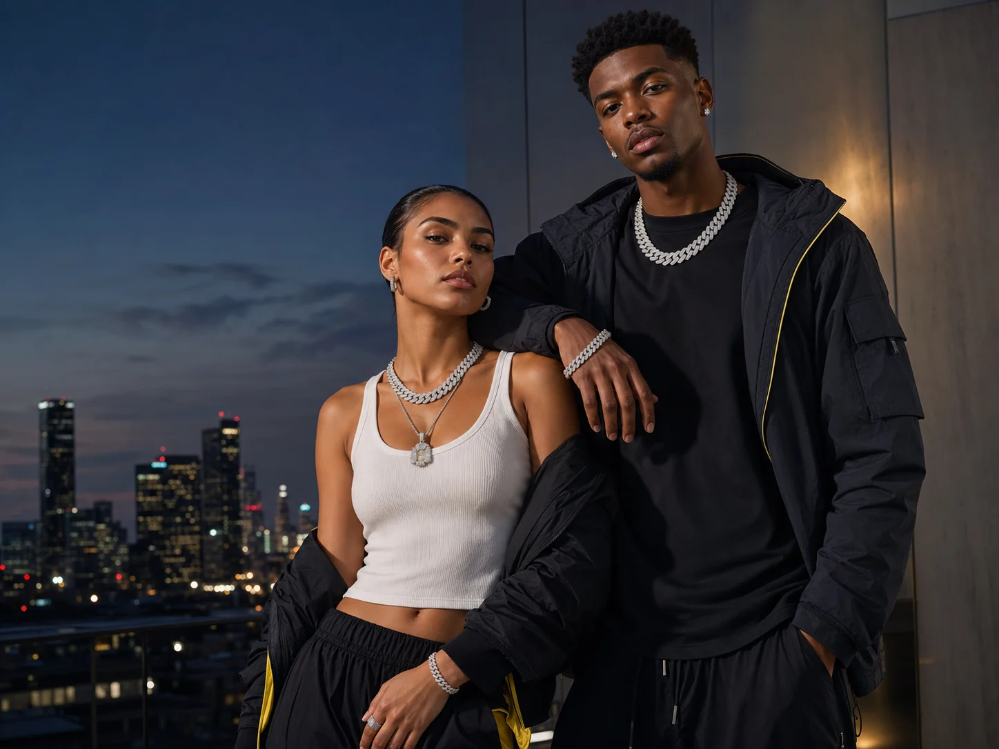 Conceptual street-luxury campaign image with models wearing hip hop jewelry