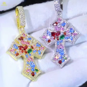 Colorful Irregular Zircon Iced Out Cross Pendant