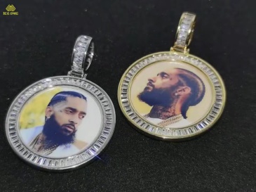 Custom 40mm Iced Diamond Baguette CZ Photo Pendant Necklace