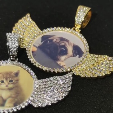 Custom Iced Diamond Angel Wings Photo Pendant Necklace