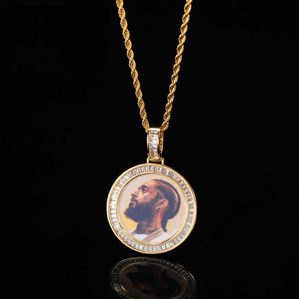 Custom 40mm Iced Diamond Baguette CZ Photo Pendant Necklace