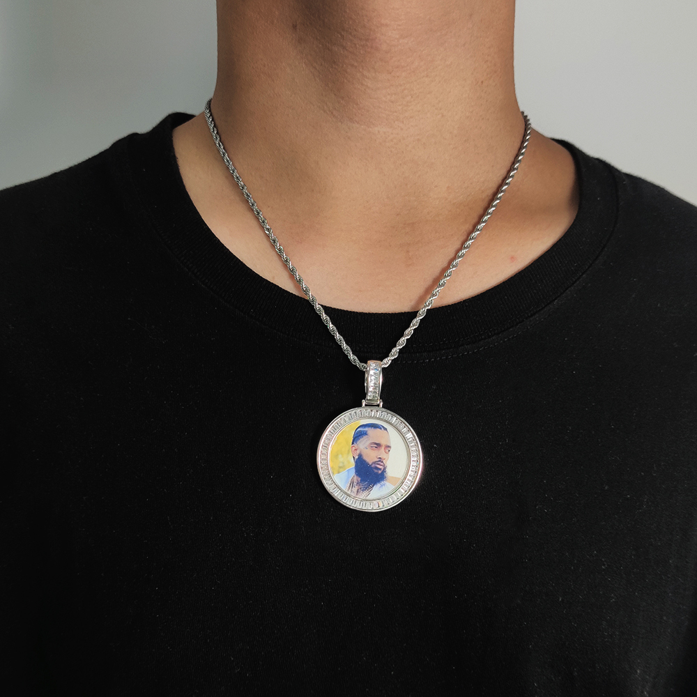 Custom 40mm Iced Diamond Baguette CZ Photo Pendant Necklace