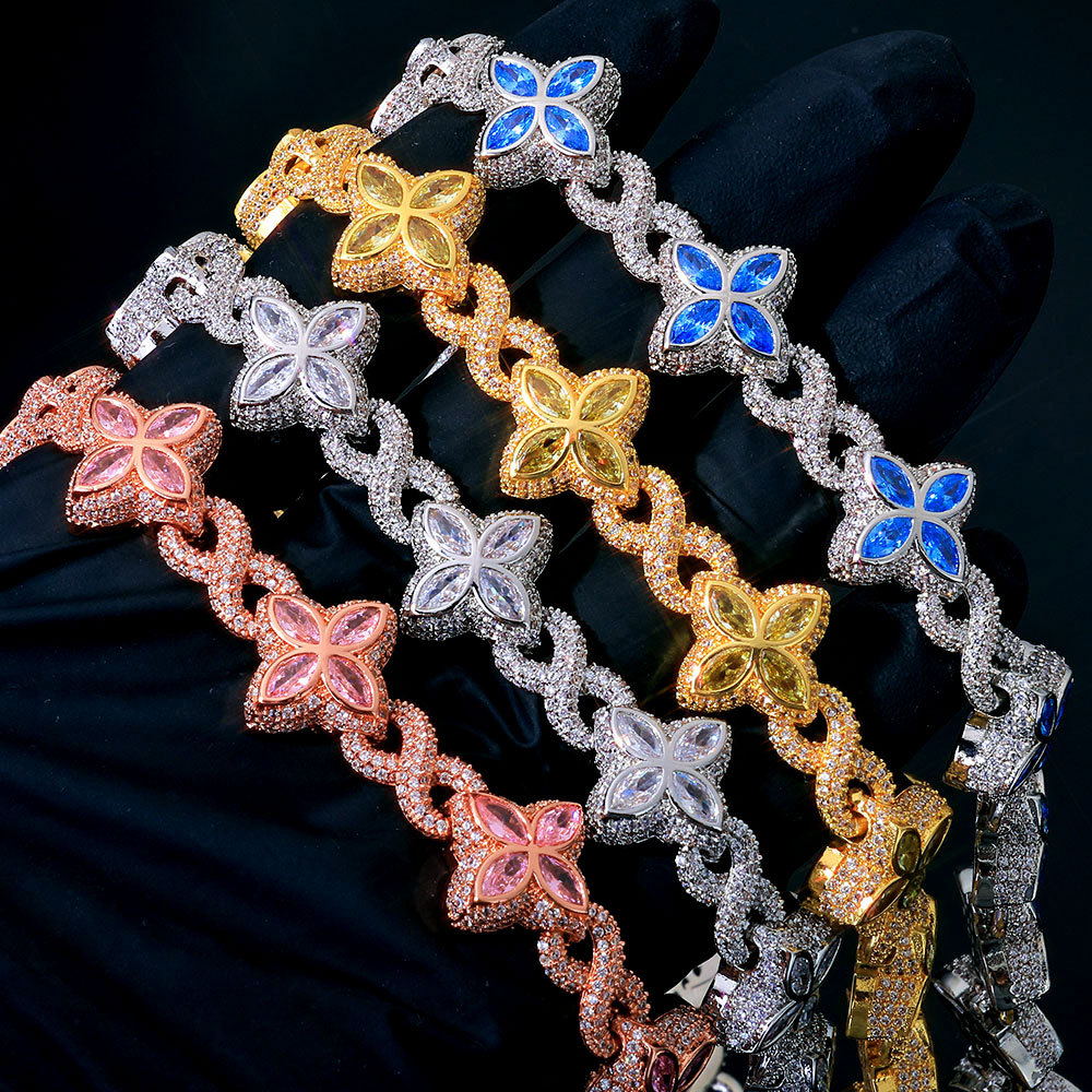 Iced Out Colorful Diamond Four Leaf Flower Necklace