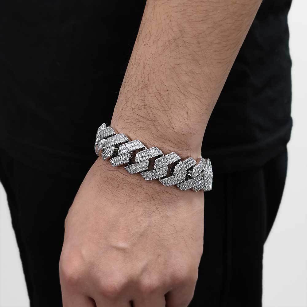 20mm Baguette Cuban Link Bracelet – Iced Out Silver Hip Hop Jewelry