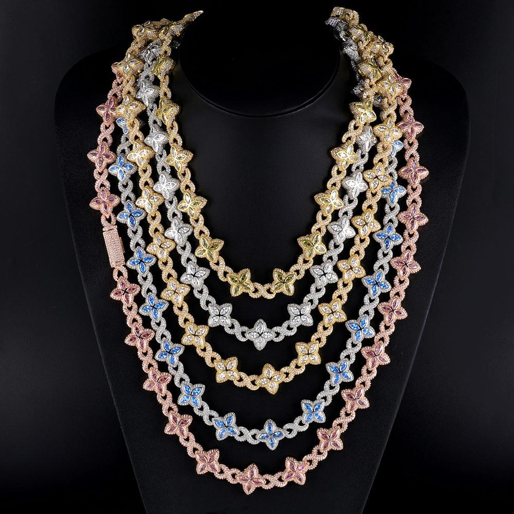 Iced Out Colorful Diamond Four Leaf Flower Necklace