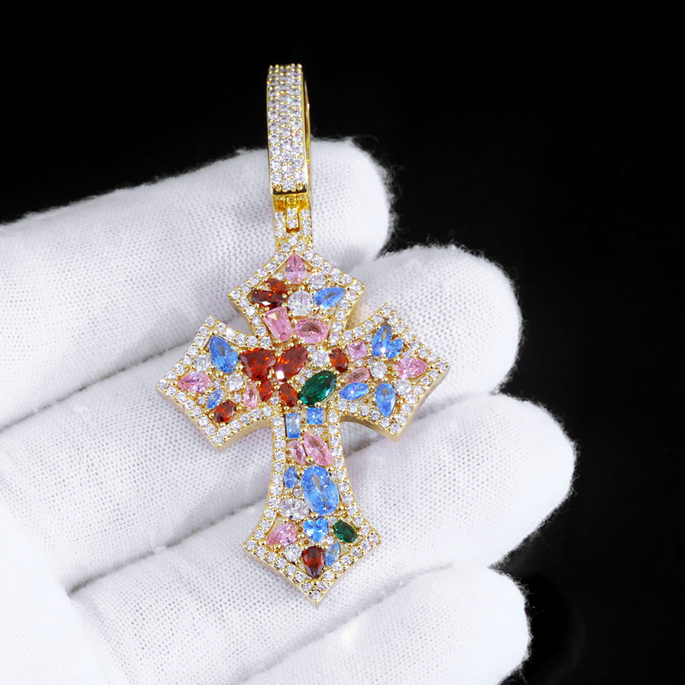 Colorful Irregular Zircon Iced Out Cross Pendant