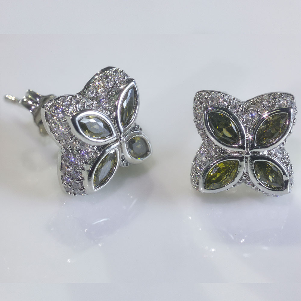 Iced Cz Four-Cornered Flower Stud Earring