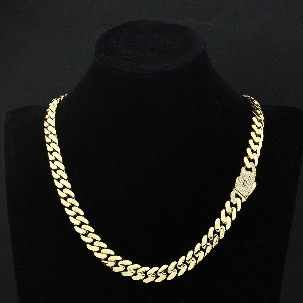 6-20mm Iced Out Diamond Clasp Flat Monaco Chain 14K Gold Plated Thick Cuban Link Chain