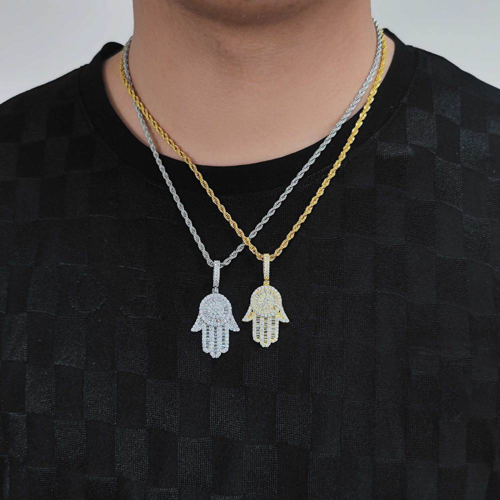 Iced Out Hamsa Hand Pendant Necklace Hip Hop Charm Jewelry