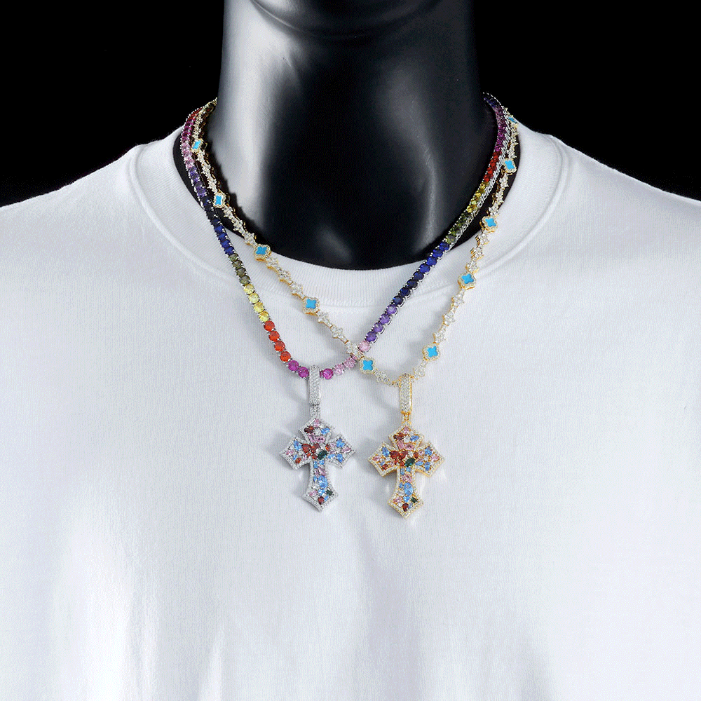 Colorful Irregular Zircon Iced Out Cross Pendant