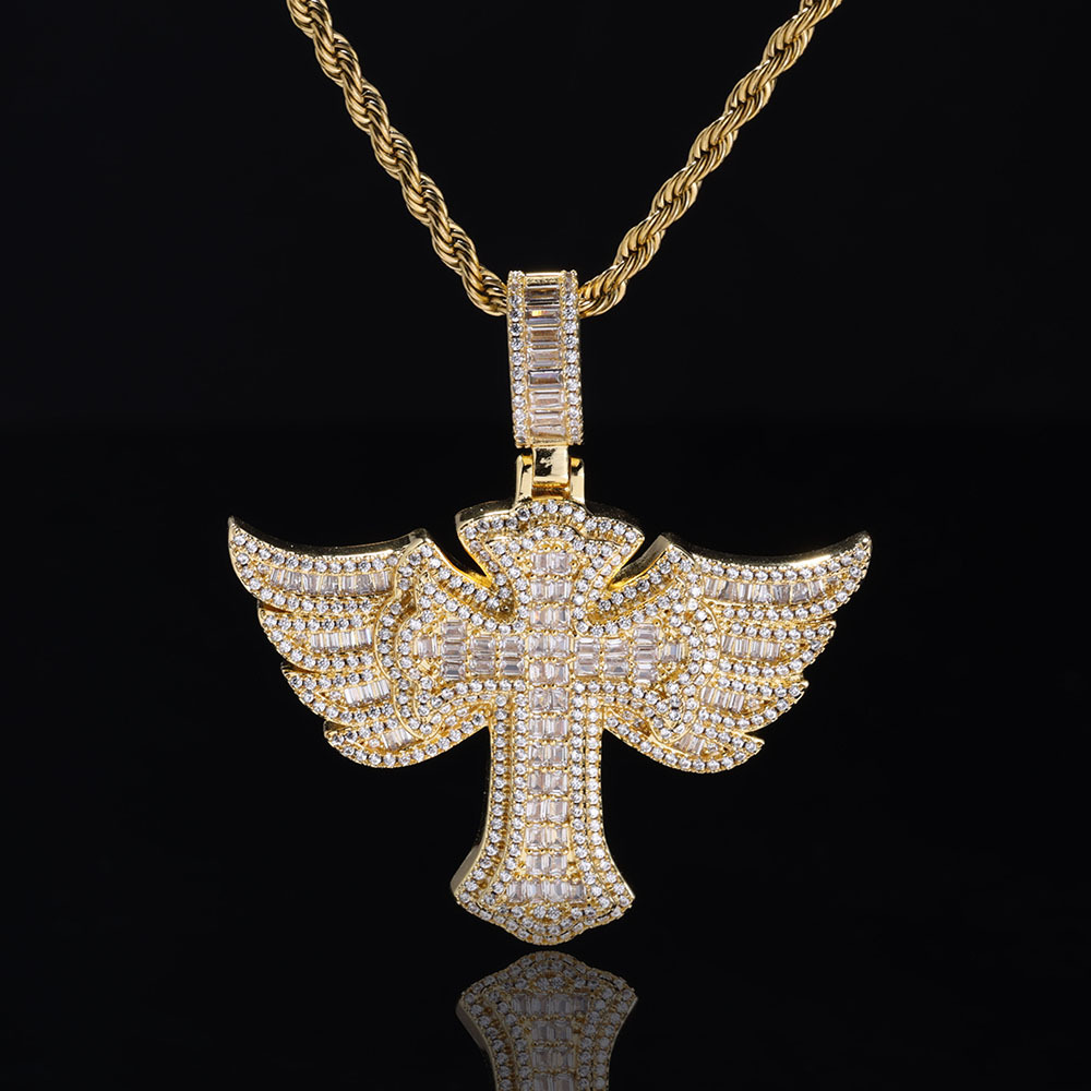 Iced Out Cross Pendant – Angel Wings, Micro Pave CZ Diamonds