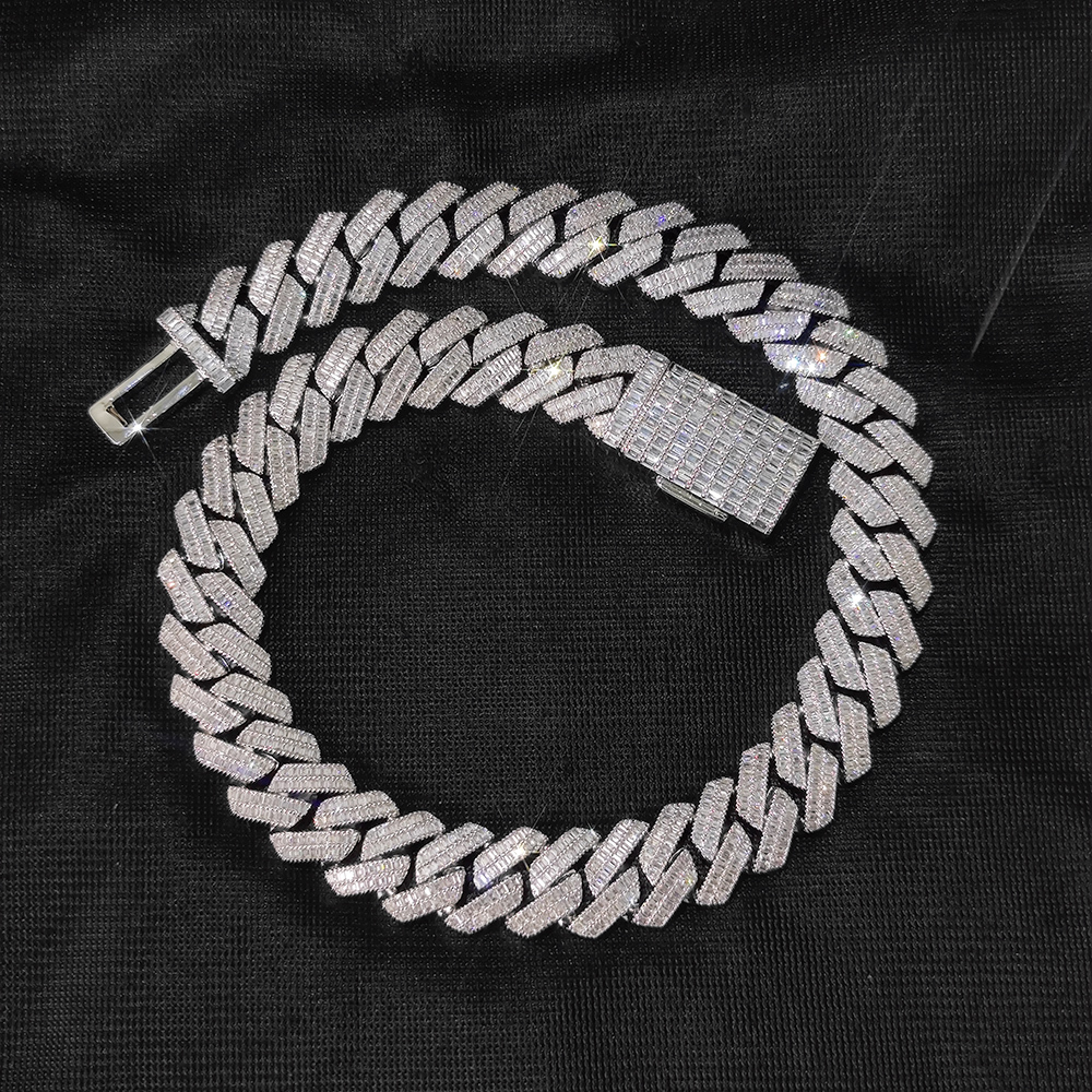20mm 2 Rows Rectangle Diamonds 100% 925 Silver Cuban Pass Diamond Tester Necklace VVS Moissanite Cuban Link Jewelry