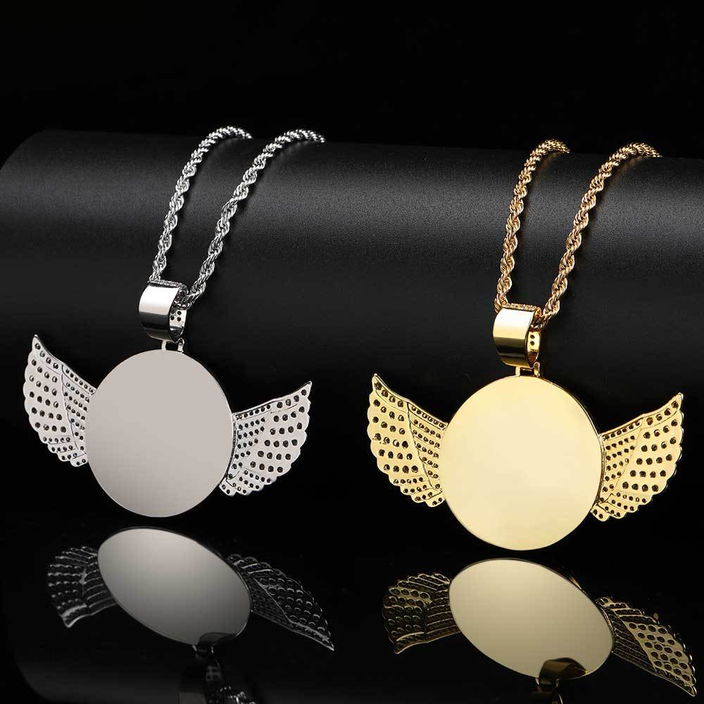 Custom Iced Diamond Angel Wings Photo Pendant Necklace