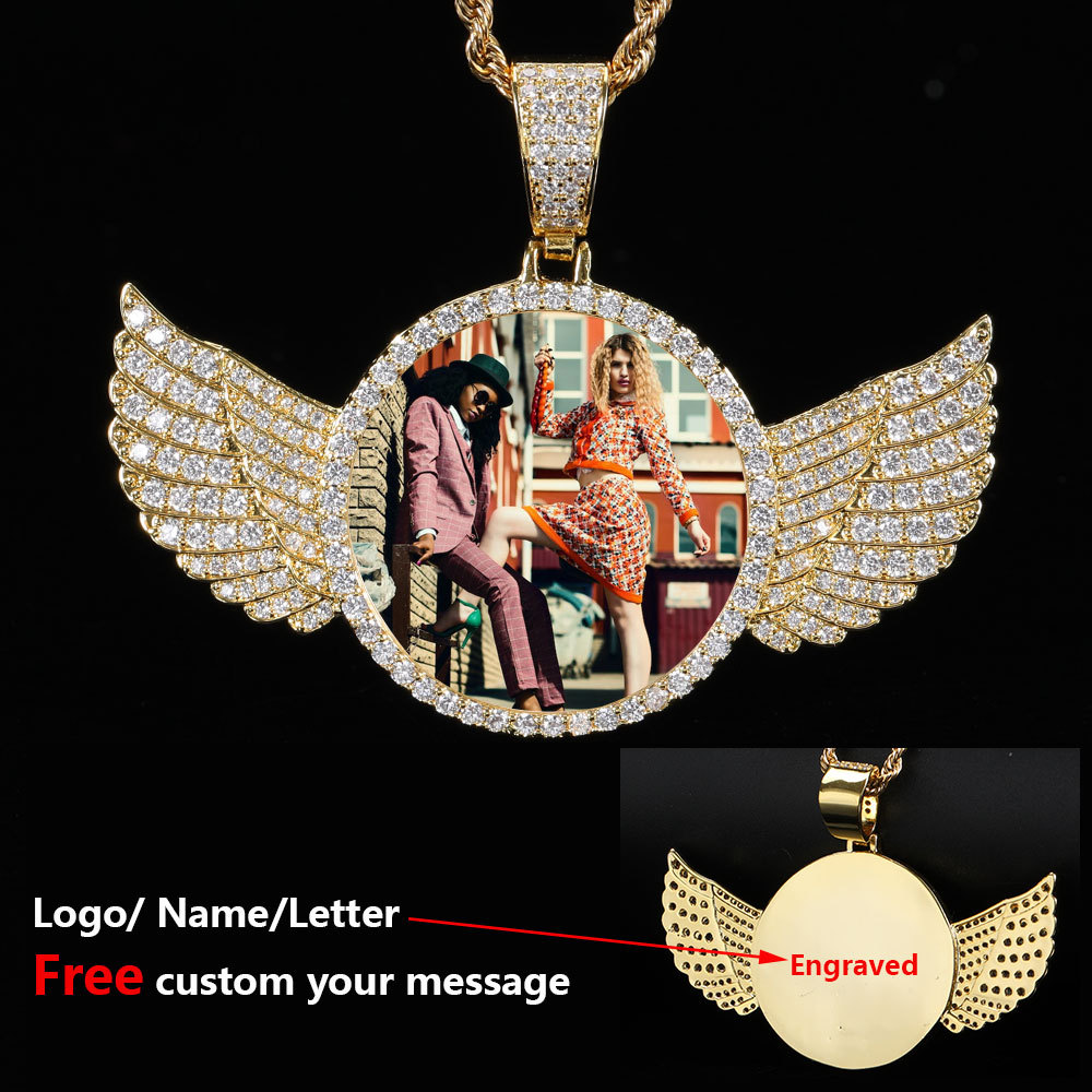 Custom Iced Diamond Angel Wings Photo Pendant Necklace