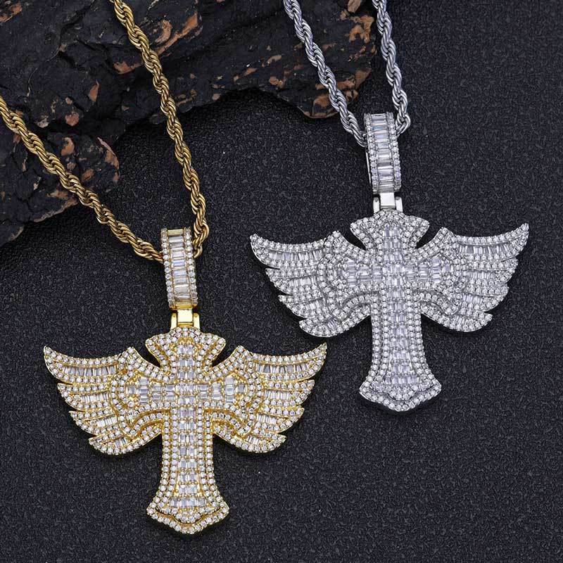 Iced Out Cross Pendant – Angel Wings, Micro Pave CZ Diamonds