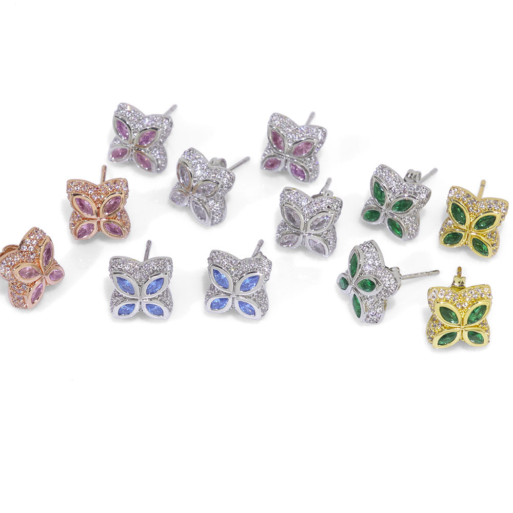 Iced Cz Four-Cornered Flower Stud Earring