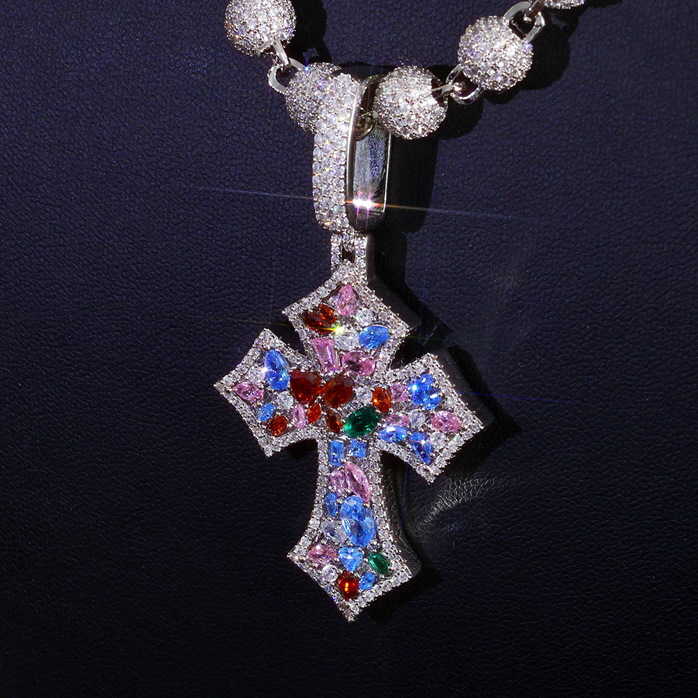 Colorful Irregular Zircon Iced Out Cross Pendant