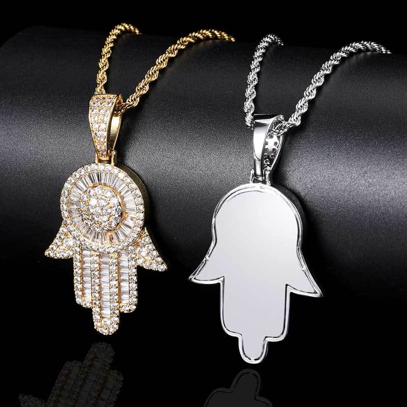Iced Out Hamsa Hand Pendant Necklace – Hip Hop Charm Jewelry