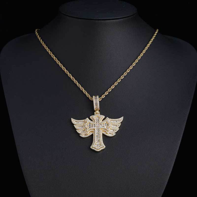 Iced Out Cross Pendant – Angel Wings, Micro Pave CZ Diamonds