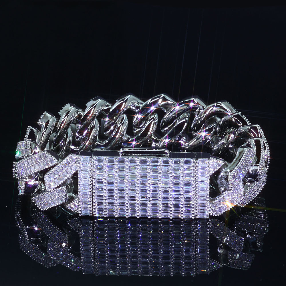 20mm Baguette Cuban Link Bracelet – Iced Out Silver Hip Hop Jewelry