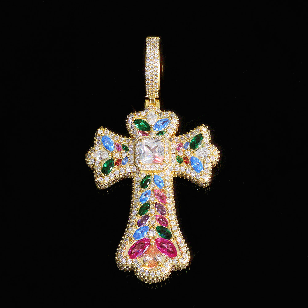 Colorful Cross Pendant Large Baguette CZ Charm Pendant