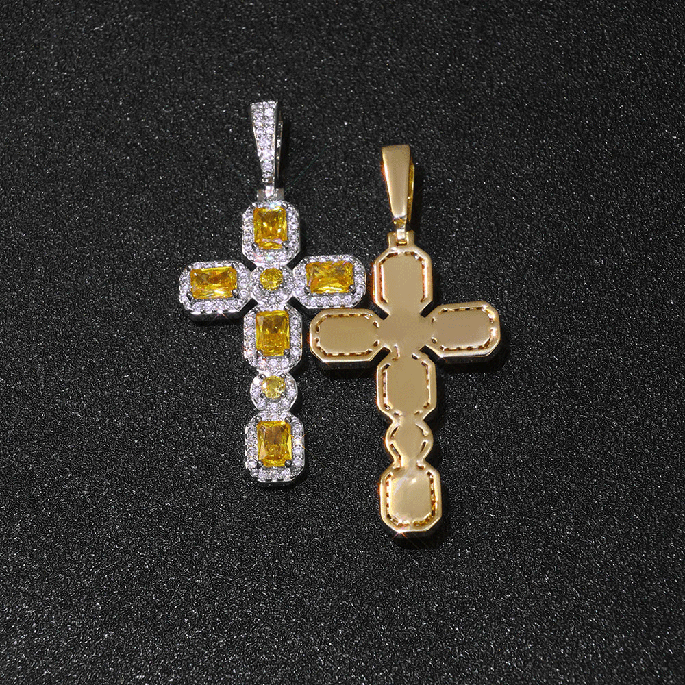 Yellow Baguette Gemstone Cross Pendant Hip Hop Jewelry