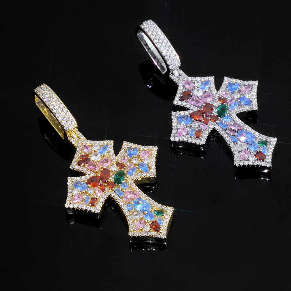 Colorful Irregular Zircon Iced Out Cross Pendant