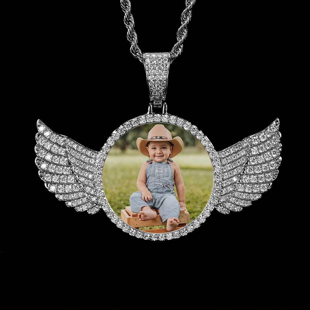 Custom Iced Diamond Angel Wings Photo Pendant Necklace