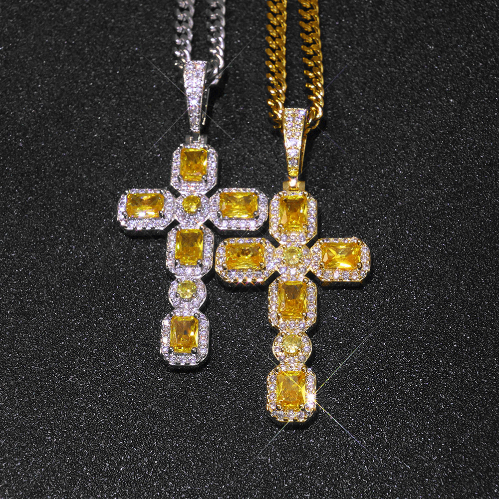 Yellow Baguette Gemstone Cross Pendant Hip Hop Jewelry