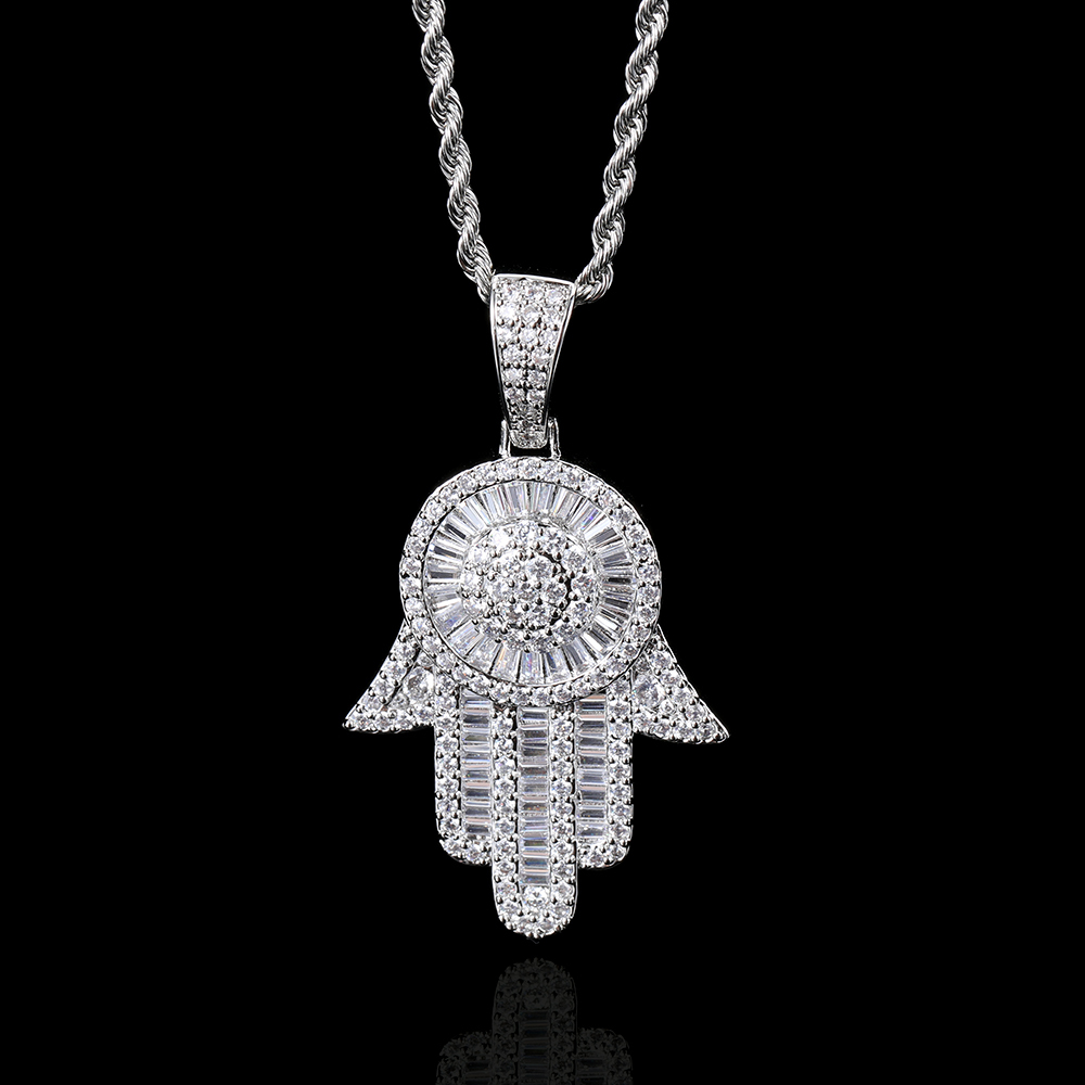 Iced Out Hamsa Hand Pendant Necklace  Hip Hop Charm Jewelry
