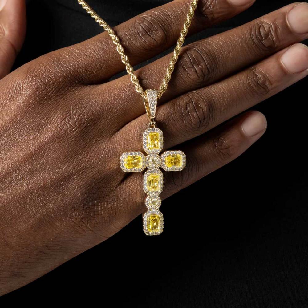 Yellow Baguette Gemstone Cross Pendant Hip Hop Jewelry