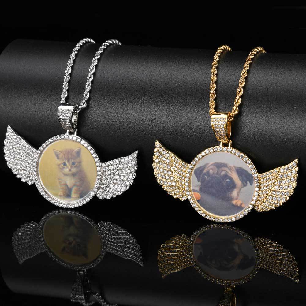 Custom Iced Diamond Angel Wings Photo Pendant Necklace