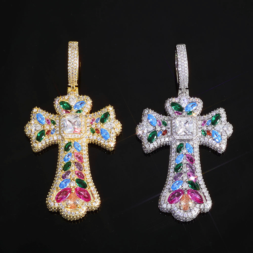 ICEOMG Colorful Cross Pendant Large Baguette CZ Charm Pendant