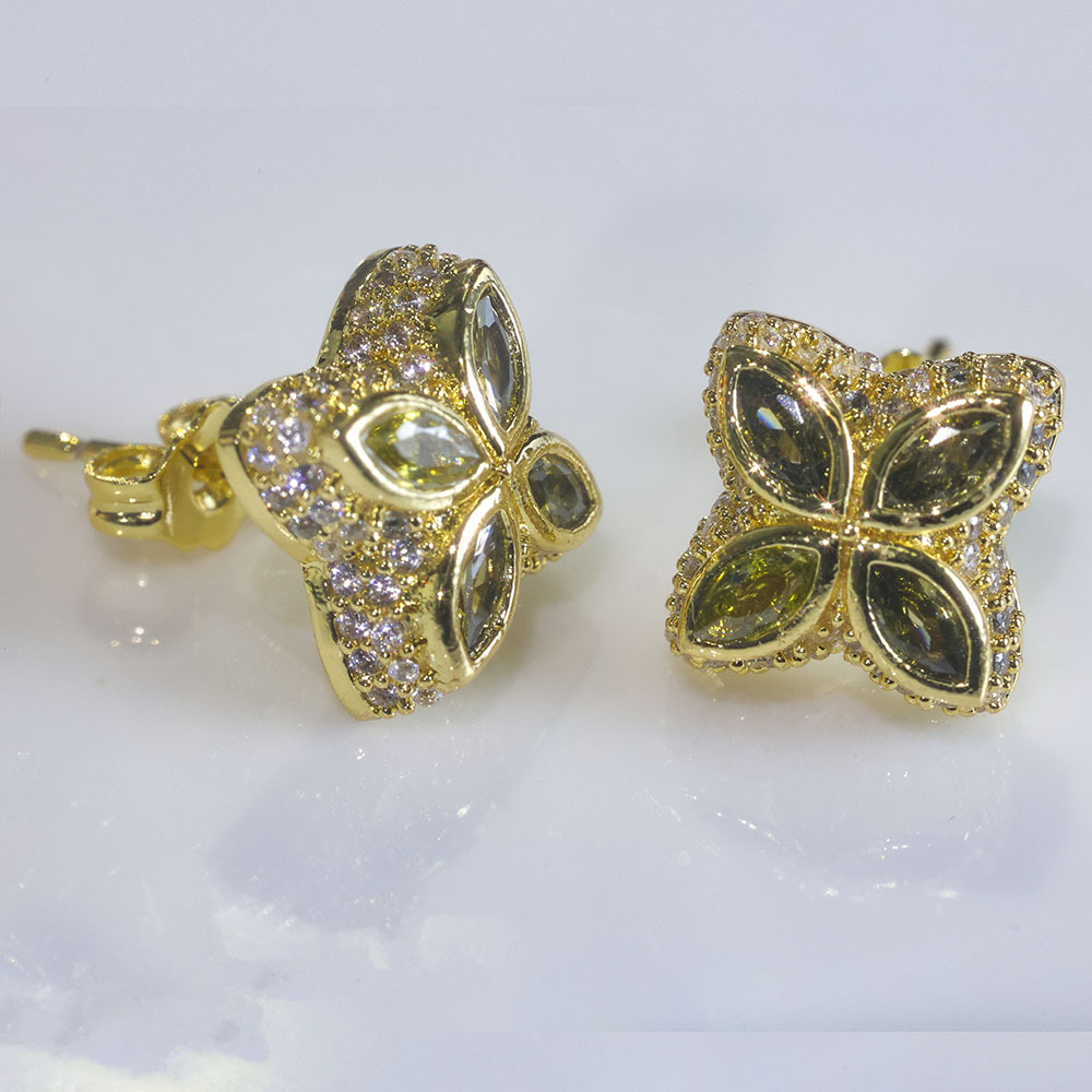 Iced Cz Four-Cornered Flower Stud Earring