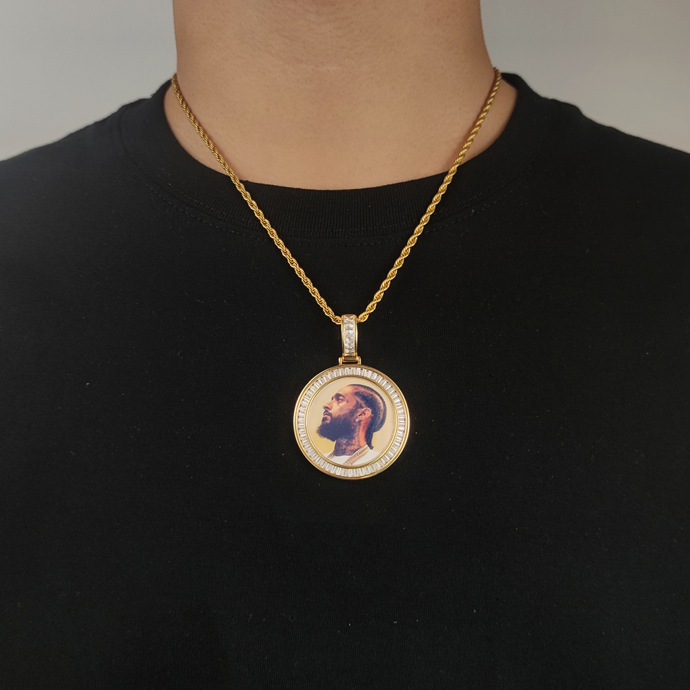 Custom 40mm Iced Diamond Baguette CZ Photo Pendant Necklace
