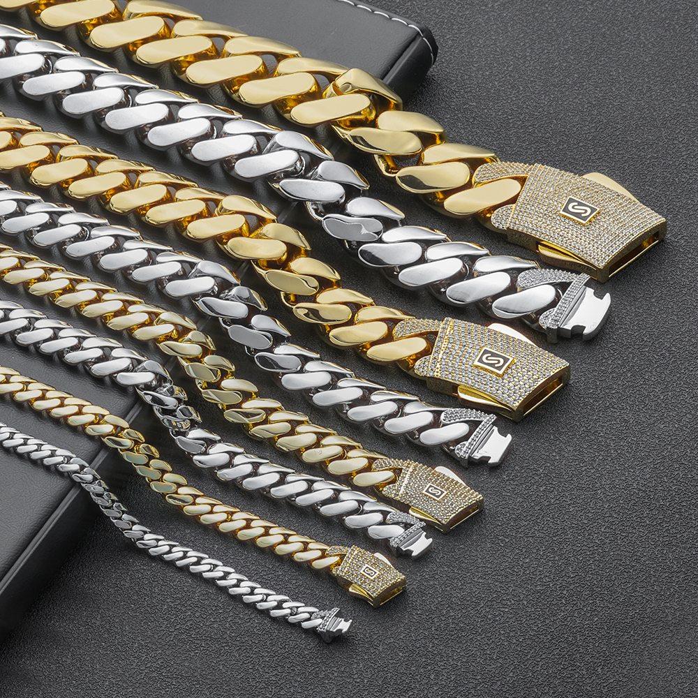 6-20mm Iced Out Diamond Clasp Flat Monaco Chain 14K Gold Plated Thick Cuban Link Chain