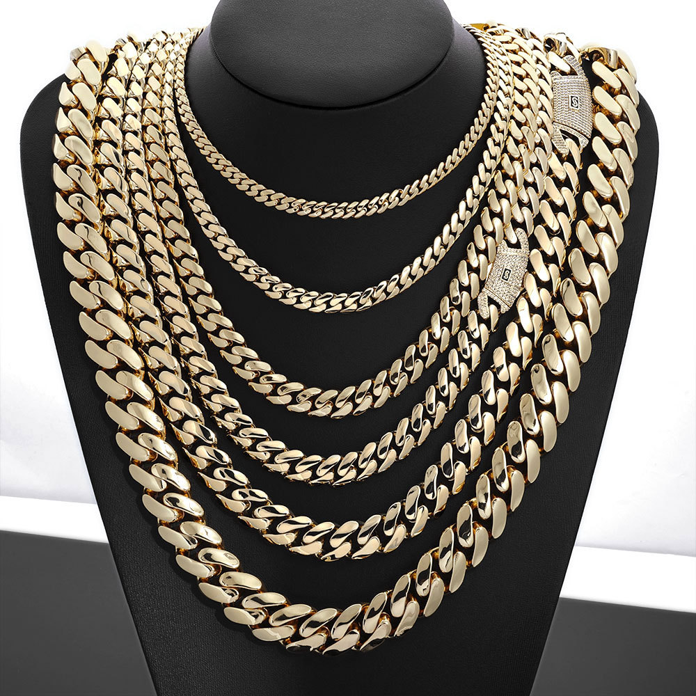 6-20mm Iced Out Diamond Clasp Flat Monaco Chain 14K Gold Plated Thick Cuban Link Chain