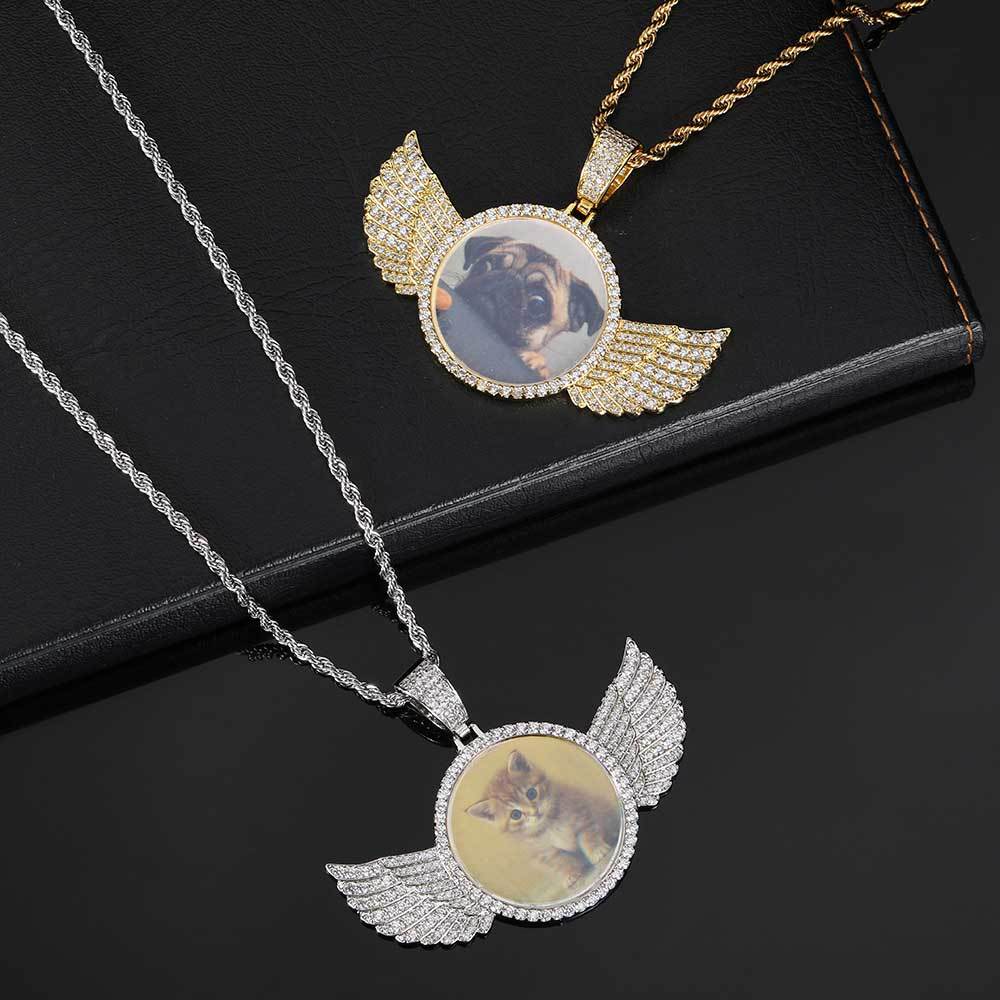 Custom Iced Diamond Angel Wings Photo Pendant Necklace