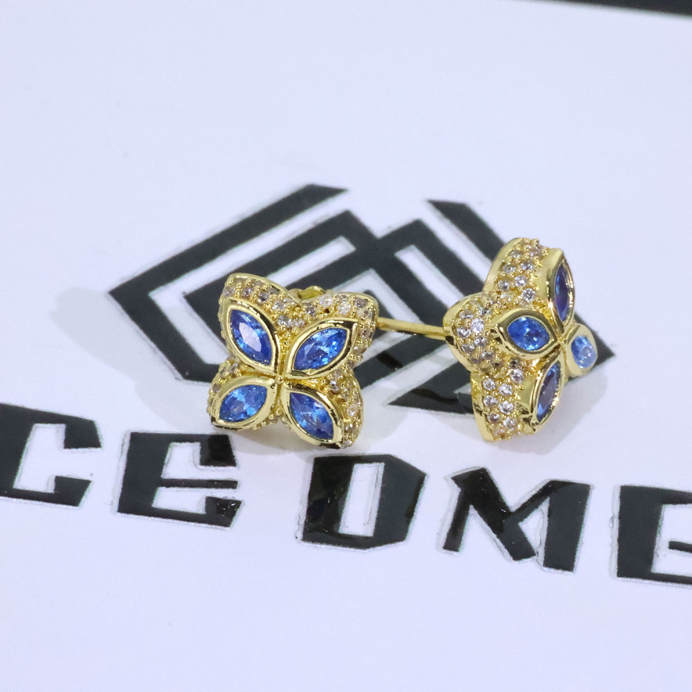 Iced Cz Four-Cornered Flower Stud Earring
