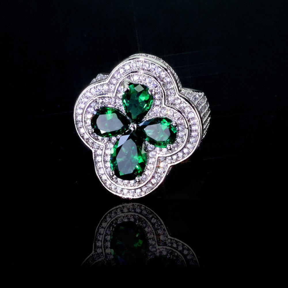 Iced Four-leaf Clover Ring