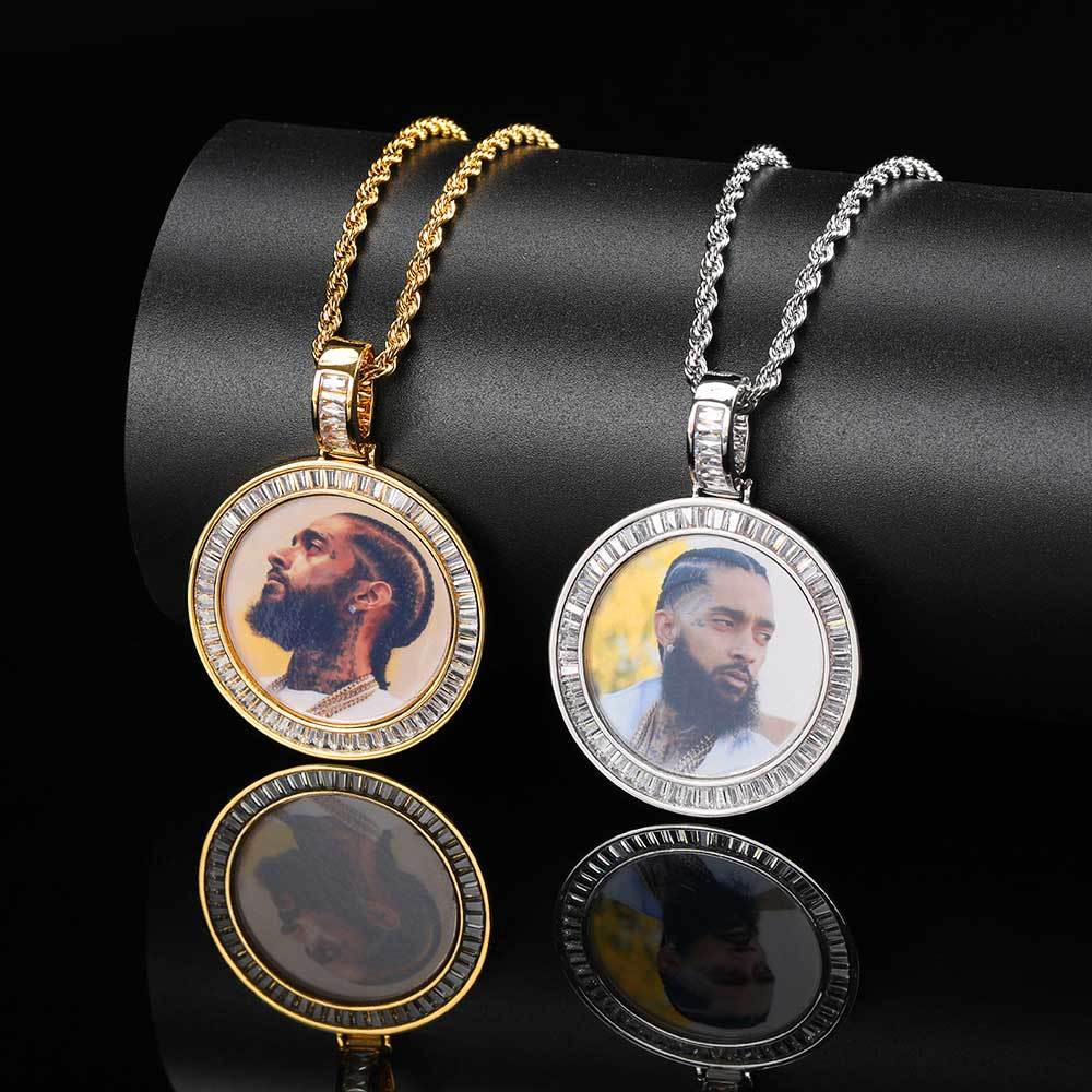 Custom 40mm Iced Diamond Baguette CZ Photo Pendant Necklace