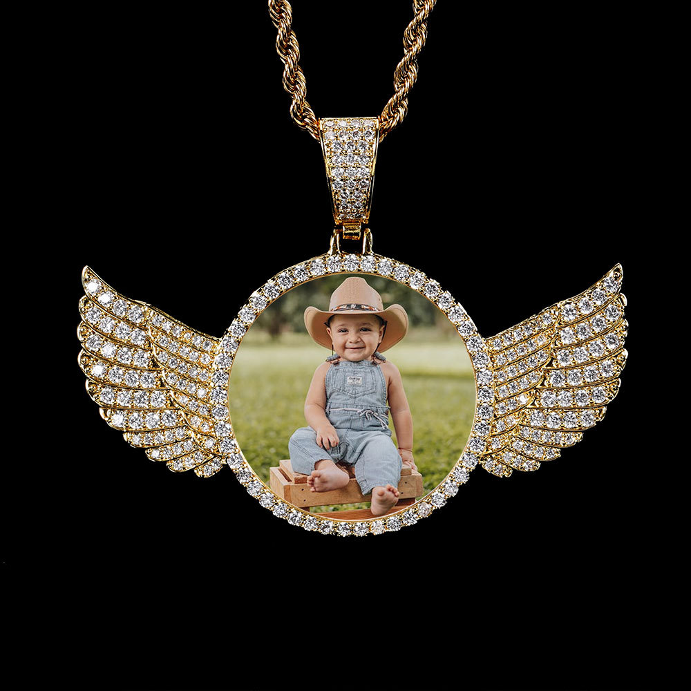 Custom Iced Diamond Angel Wings Photo Pendant Necklace
