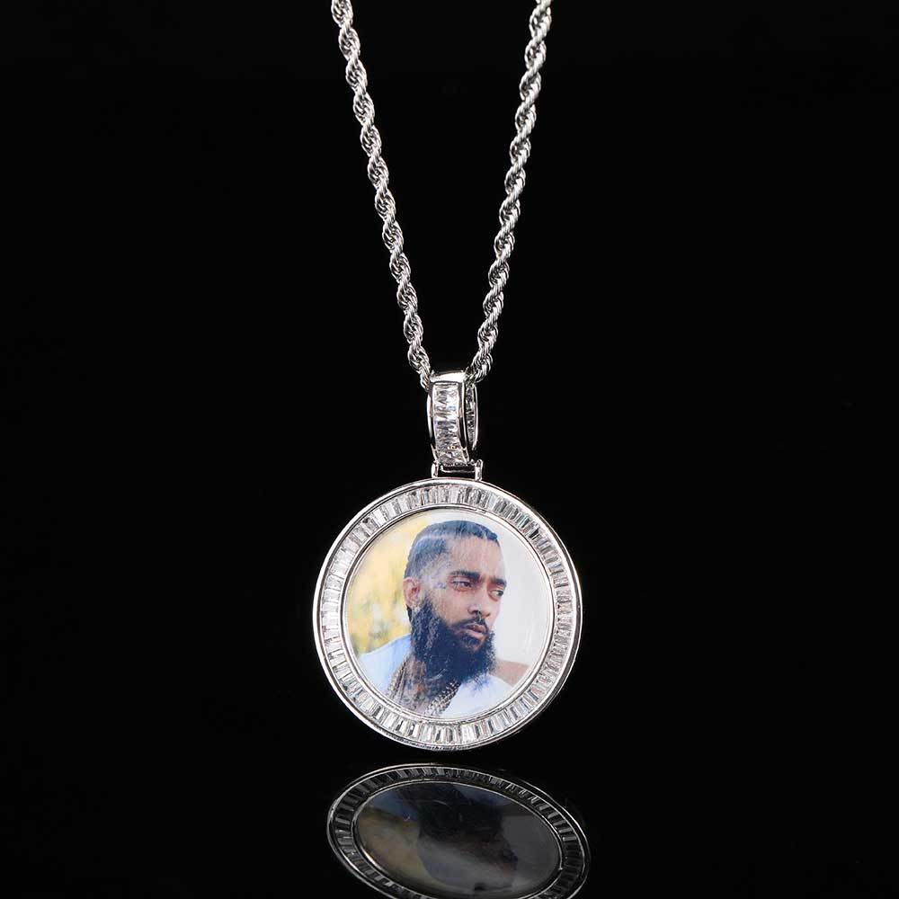 Custom 40mm Iced Diamond Baguette CZ Photo Pendant Necklace