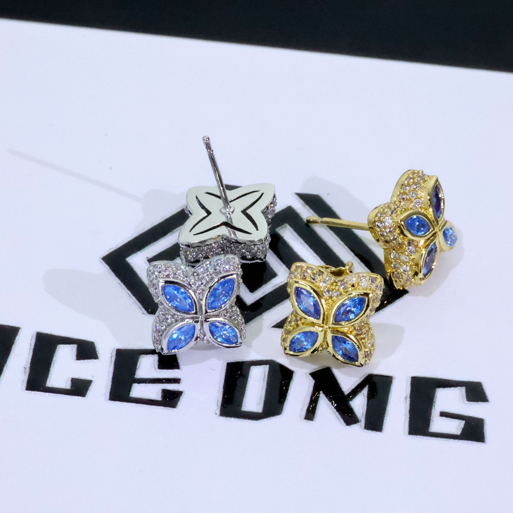 Iced Cz Four-Cornered Flower Stud Earring