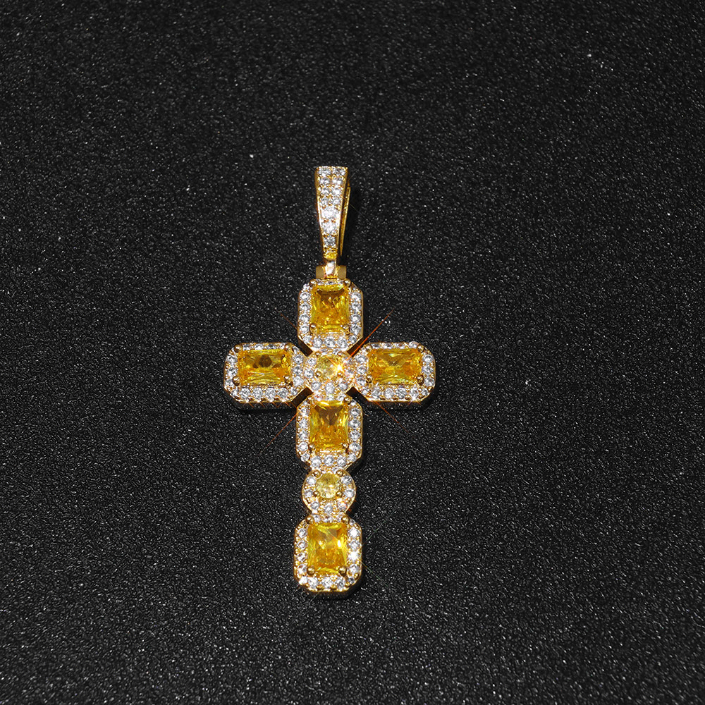 Yellow Baguette Gemstone Cross Pendant Hip Hop Jewelry