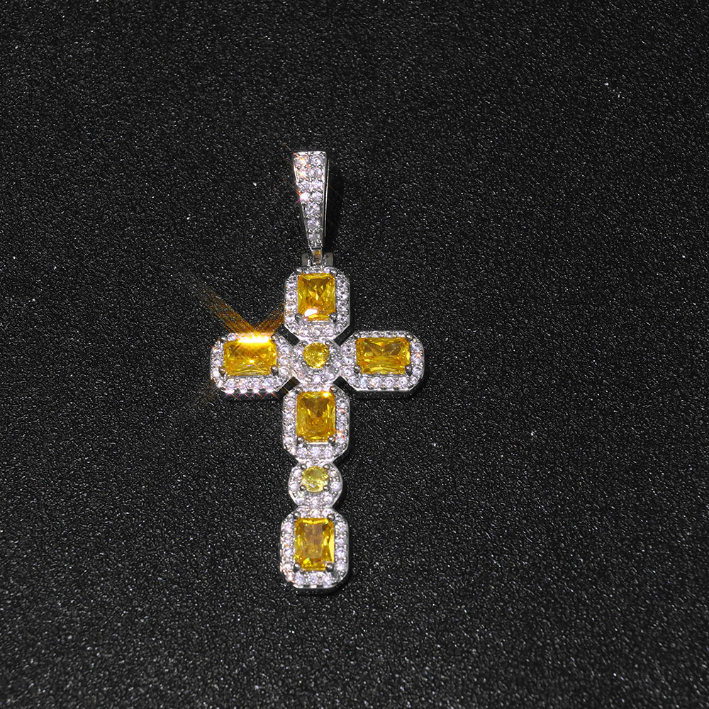 Yellow Baguette Gemstone Cross Pendant Hip Hop Jewelry