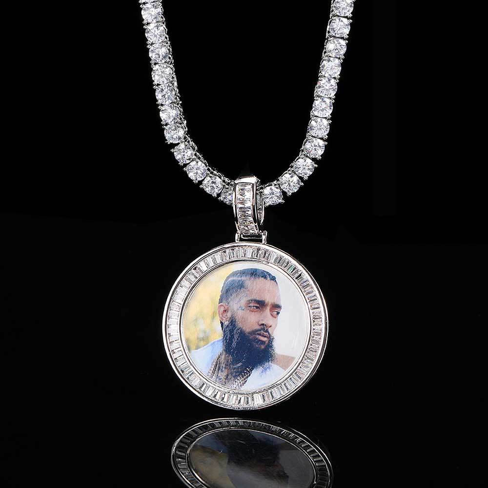 Custom 40mm Iced Diamond Baguette CZ Photo Pendant Necklace