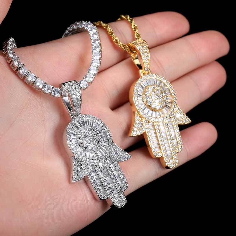 Iced Out Hamsa Hand Pendant Necklace – Hip Hop Charm Jewelry
